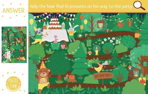 Vector birthday surprise party searching game with cute woodland animals. find hidden presents in the forest. simple fun educational holiday printable activity for kids with cake and candles