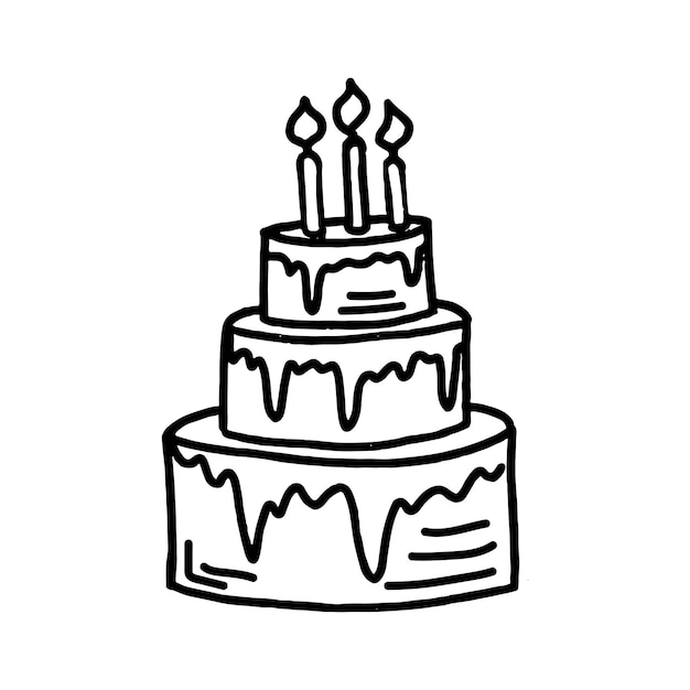 Vector birthday or wedding cake in hand drawn doodle style Cartoon cake with burning candles