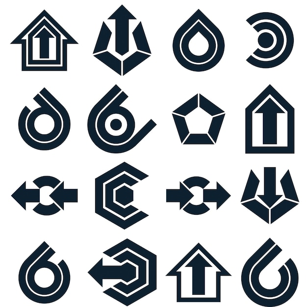 Набор векторных черных абстрактных иконок, простые элементы корпоративного графического дизайна. Набор монохромных маркетинговых символов на белом фоне.
