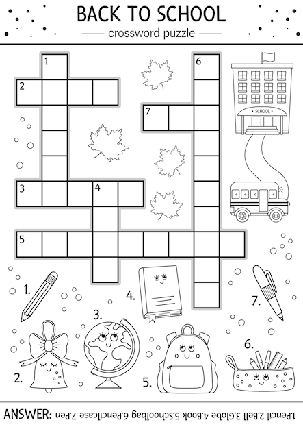 아이들을 위한 학교 크로스워드 퍼즐로 돌아가기 벡터 흑백 어린이를 위한 학교 물건이 있는 간단한 라인 퀴즈 교육용 가을 활동 또는 귀엽고 재미있는 가와이이 캐릭터가 있는 색칠 페이지xa