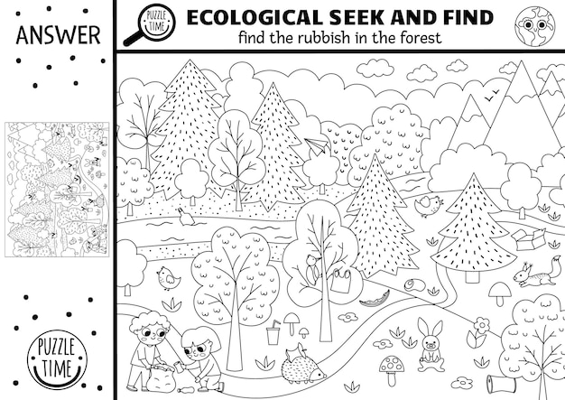 森林景観のゴミを使ったベクトル黒と白の生態学的検索ゲーム 画像内に隠されたゴミを見つける 廃棄物ゼロを探して見つける教育的な印刷可能なアクティビティ アースデーぬりえページ