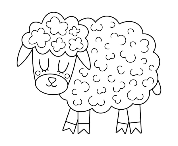 Вектор Векторная черно-белая икона овцы симпатичный контур мультяшной самки овцы иллюстрация для детей фермерское животное изолировано на белом фоне красочное изображение крупного рогатого скота или страница раскраски для детей