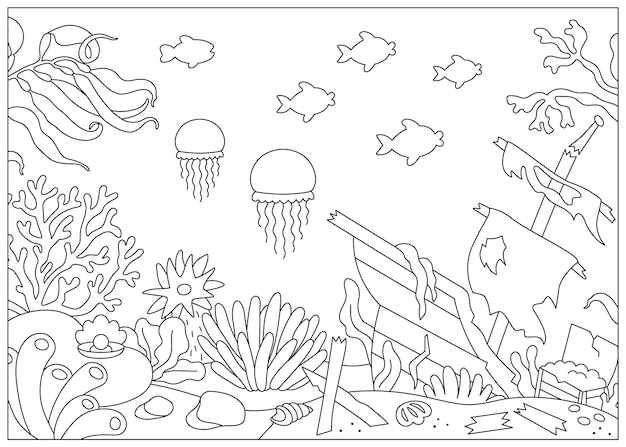 Вектор Векторный черно-белый пейзаж под морем иллюстрация с затонувшим кораблем океанская линия жизни сцена с морскими водорослями камнями коралловыми рифами милая горизонтальная вода природа фон окрашивания pagexa