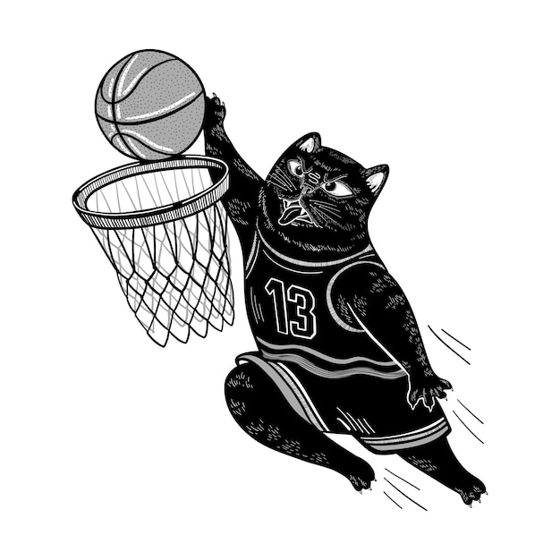 ベクトル バスケットボールをしているベクトル黒猫猫はバスケットにボールを投げます