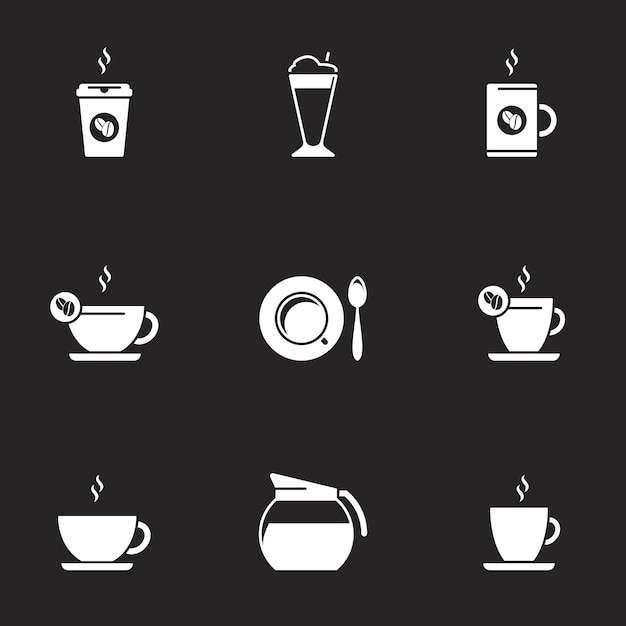 vector black coffee icons set black background
