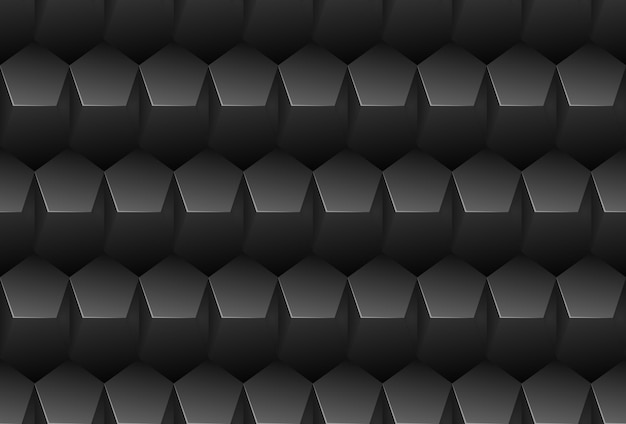 Vector vector black embossed pattern plastic pentagon grid seamless background. endless metal texture. web page fill dark geometric pattern.