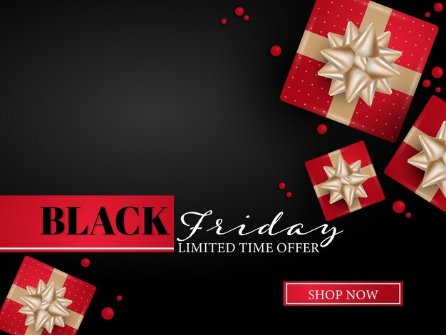 Banner del black friday vettoriale di scatole regalo realistiche di colore rosso con nastri d'oro e minuscole perline