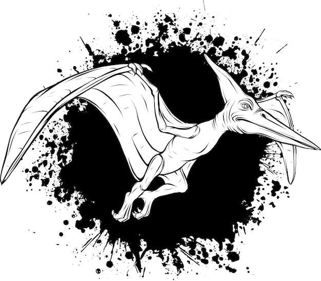 Vector black hand drawn outline sketch flying pterodactyl dinosaur