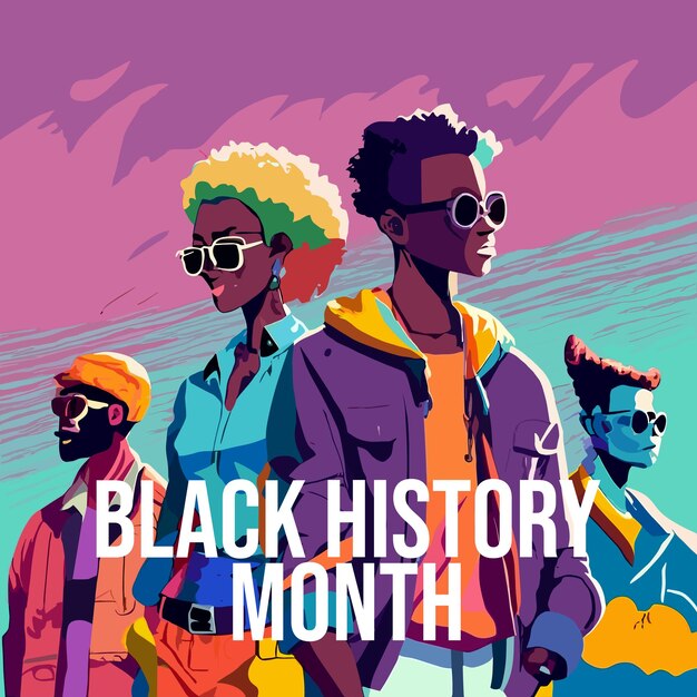 Vector vector black history month typography concept with characters standing side by side