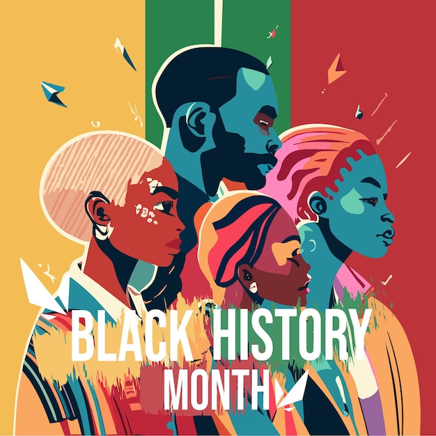 Vector vector black history month typography concept with characters standing side by side