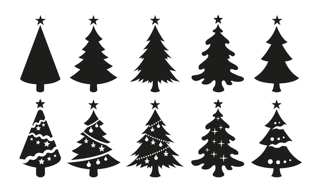 Вектор Векторные черные иконки рождественских елок, изолированные на белом фоне. черные силуэты новогодних елок со звездами наверху.