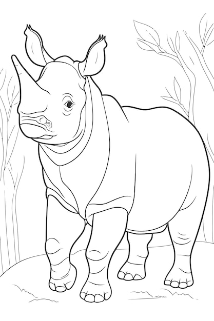 Vector black lines coloring page of rhino for kids