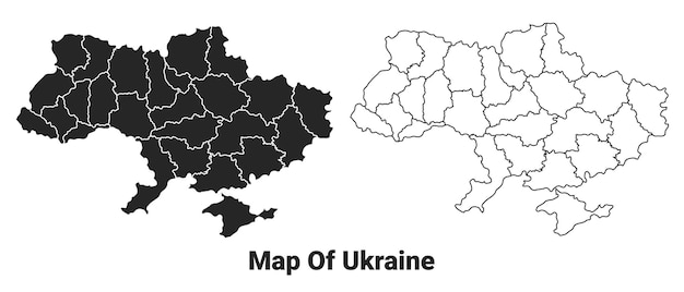 Vettore mappa vettoriale nera dell'ucraina con i confini delle regioni