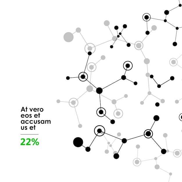 Vector black molecules with dots lines white background