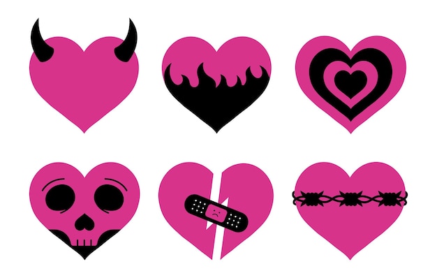 Vector vector black and pink stylish hearts y2k style, emo love collection