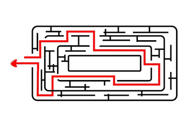 Вектор черный прямоугольник с закругленными углами лабиринт, красная линия от внутрь до наружу со стрелкой