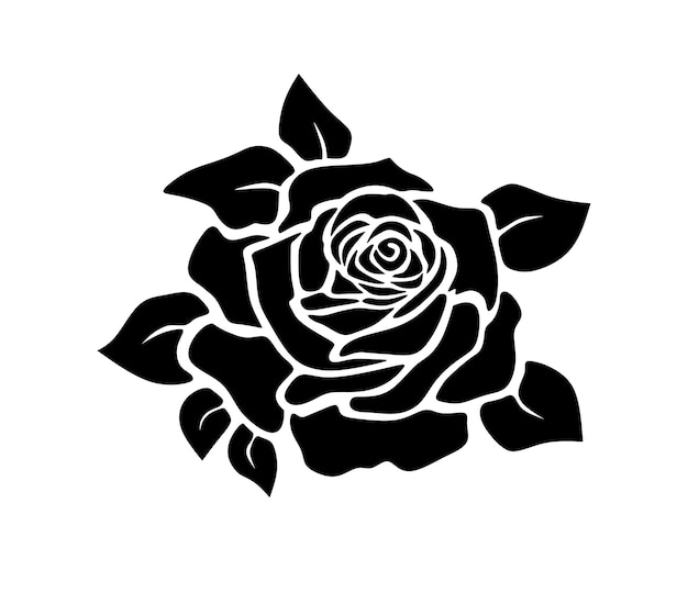 Vector black rose flower silhouette stencil logo drawing.