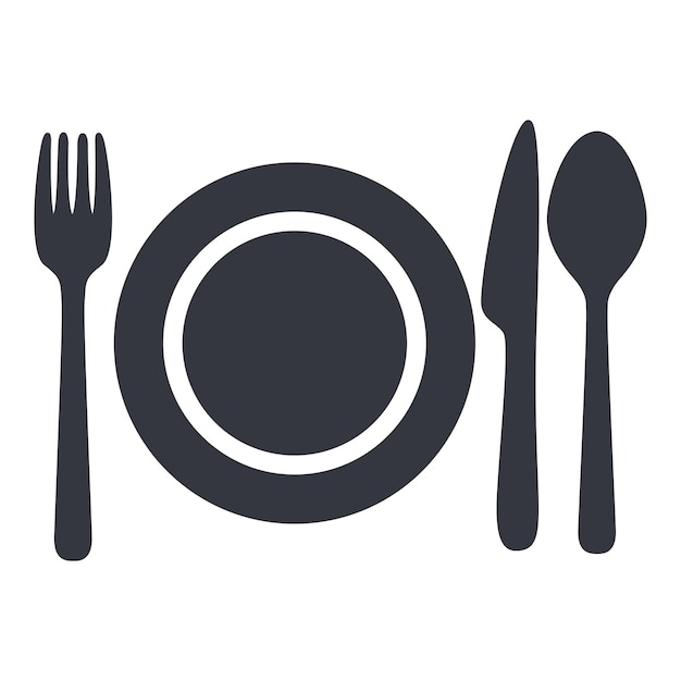 Векторная икона черного силуэта, вилка, нож, ложка и тарелки, обеденная икона