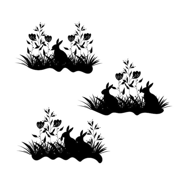 Vector black silhouettes of bunnies in a meadow with butterflies
