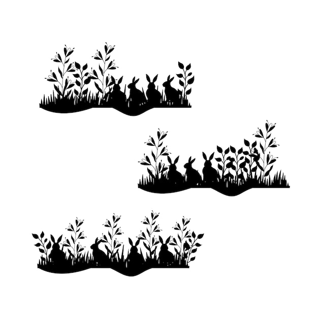 Vector vector black silhouettes of bunnies in a meadow with butterflies