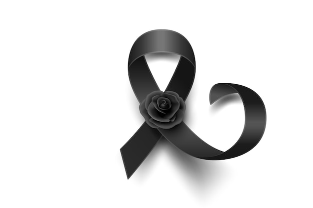 Vettore vector black silk ribbon with black rose design template for funeral card banner invitation black awareness ribbon isolato su sfondo bianco icona per il simbolo del lutto di preghiera