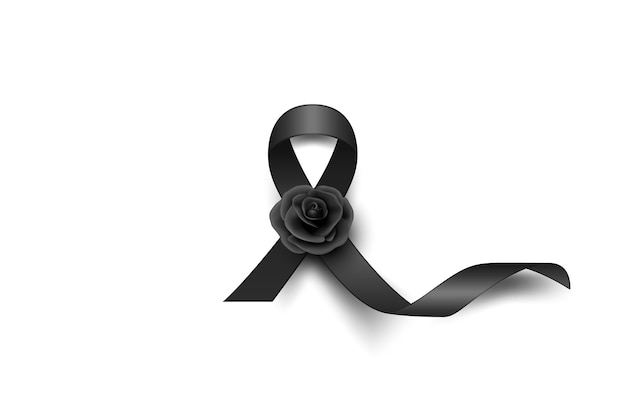 Vector Black Silk Ribbon with Black Rose Design Template for Funeral Card Banner Invitation Black Awareness Ribbon Isolated on White Background Icon for Pray Mourning Symbol