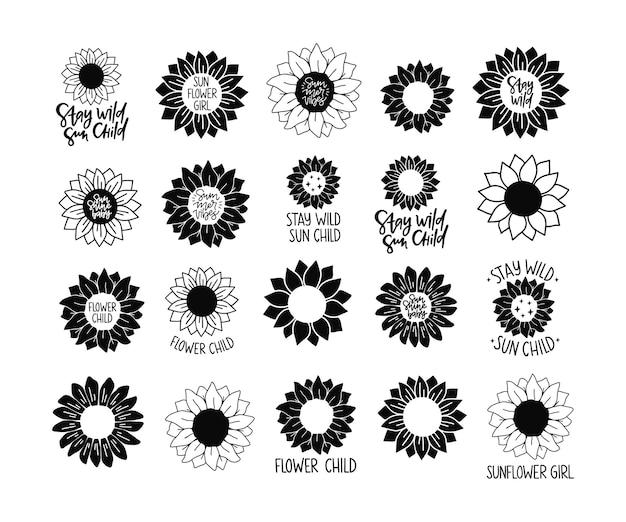 Insieme di clipart del girasole nero di vettore. illustrazione disegnata a mano dei girasoli della siluetta. fiore estivo isolato su sfondo bianco. poster di fiori selvatici, stampa t-shirt, adesivo floreale, arredamento casa colonica.