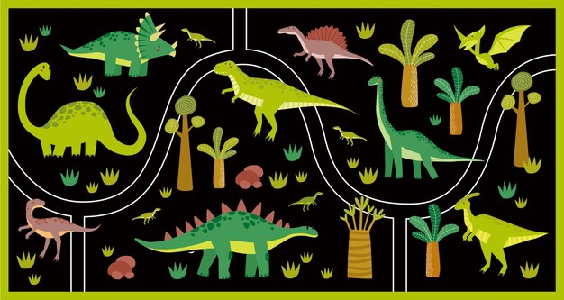 Vector vector black tropical maze with dinosaurs in a jurassic park cartoon dinosaurs game for children