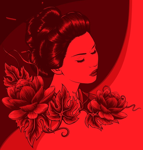 Vettore illustrazione vettoriale in bianco e nero della donna geisha asiatica