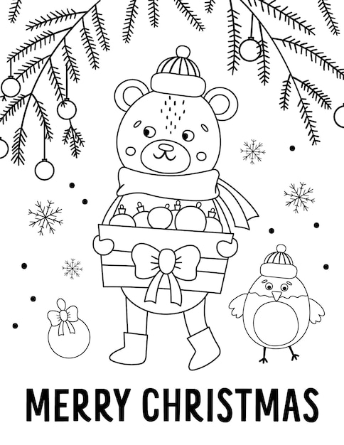 Vector black and white bear in hat and scarf with box of Christmas balls and fir tree twigs. Cute winter animal line illustration. Funny Christmas card design. New Year print or poster template