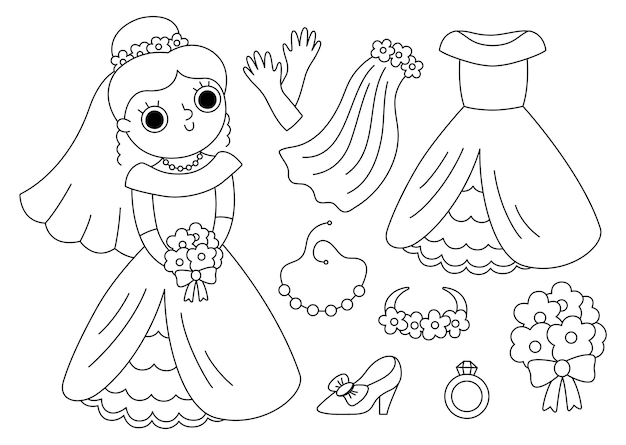 Vector black and white bride clothes set Cute just married girl with dress accessory Wedding ceremony line icon pack Newly married woman coloring page with veil shoe bouquetxA