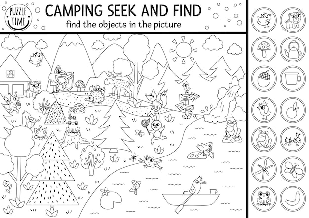 Vector black and white camping searching game or coloring page with cute animals in the forest spot hidden objects simple seek and find s outline summer camp or woodland printable activity xa