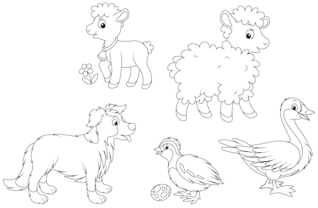 Vector black and white cartoon set of a goose a sheep with a lamb a partridge and a funny dog