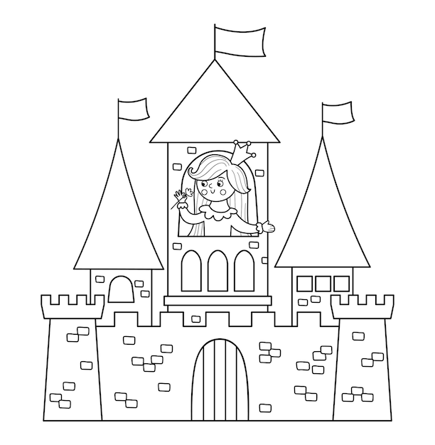 Vector black and white castle with princess icon isolated on white background Medieval line stone palace with towers flags gates Fairy tale king house illustration or coloring pagexA