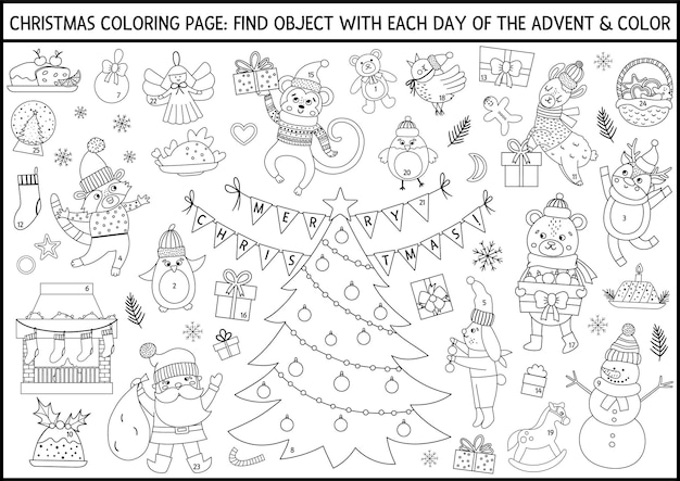 Vector black and white Christmas coloring page and advent calendar with traditional holiday symbols. Cute winter planner for kids. Festive poster design with Santa Claus, fir tree, deer, animals