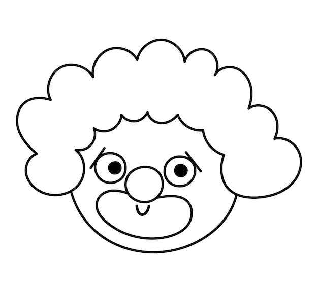 Vector black and white clown face Circus artist avatar outline clipart Amusement holiday line icon Cute funny festival character clip art Street show comedian illustration or coloring page