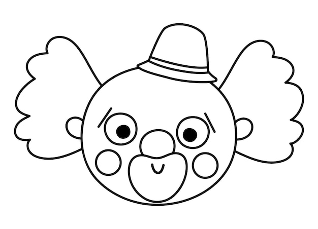 Vector black and white clown face Circus artist avatar outline clipart Amusement holiday line icon Cute funny festival character clip art Street show comedian illustration or coloring page