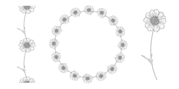 カモミールの花を持つベクトル黒と白の輪郭のフラワーアレンジメント