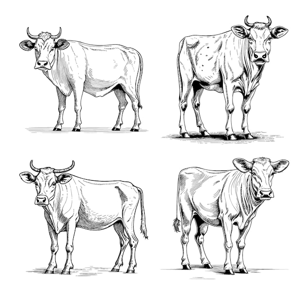 vector black and white cows in line art style