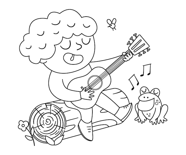 Vector black and white cute boy playing the guitar and singing sitting on a log Campfire scene with kid and frog Outline traveler isolated on white background Outdoor or summer camp tourist icon xA