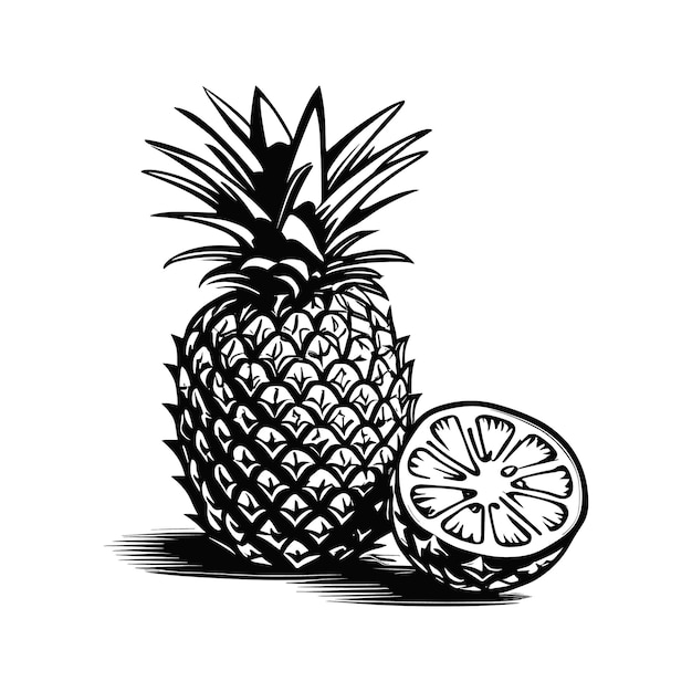 Vettor un disegno in bianco e nero di un ananas con la parte superiore