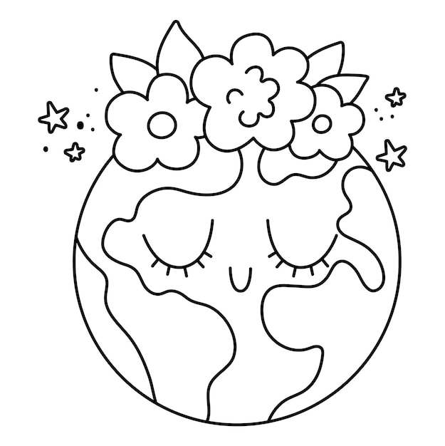 Vector black and white earth for kids Earth day line illustration with cute kawaii smiling planet with closed eyes Environment friendly icon or coloring page with globe and flowers