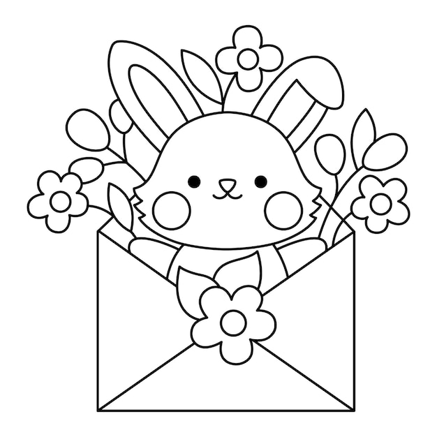 Vettore vettore in bianco e nero icona del coniglio di pasqua per bambini illustrazione o colorazione di conigli di linea kawaii carina divertente personaggio di conigli di cartone animato simbolo tradizionale delle vacanze primaverili in busta con i primi fiorixa