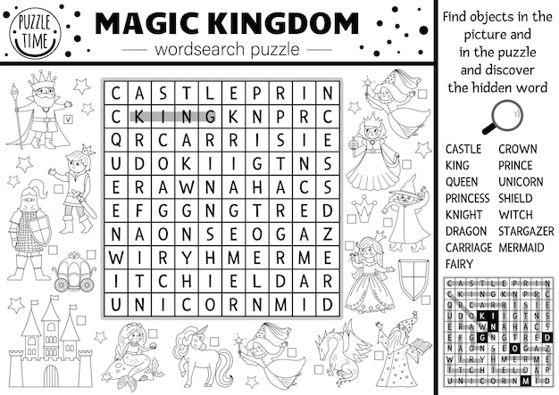 Vector black and white fairytale wordsearch puzzle for kids Simple magic kingdom crossword with fantasy creatures Coloring page activity with castle princess unicorn Fairy tale cross wordxA