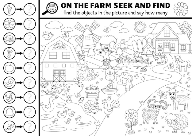 Vector black and white farm searching game with rural countryside landscape Spot hidden objects say how many Simple on the farm seek and find and counting activity or coloring pagexA