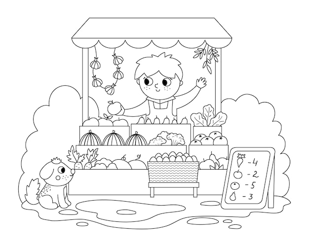 Vector black and white farmer selling fruit and vegetables in a street stall icon Cute outline farm market scene Rural country vendor Funny farm cartoon salesman illustration or coloring page