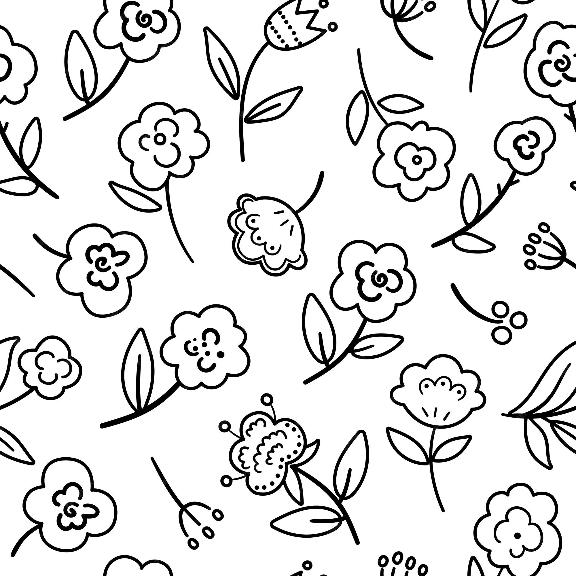 Premium Vector | Vector black and white floral seamless pattern hand drawn  line simple trendy illustration with flowers and leaves bohemian repeating  background with plants boho digital paper or coloring pagexa