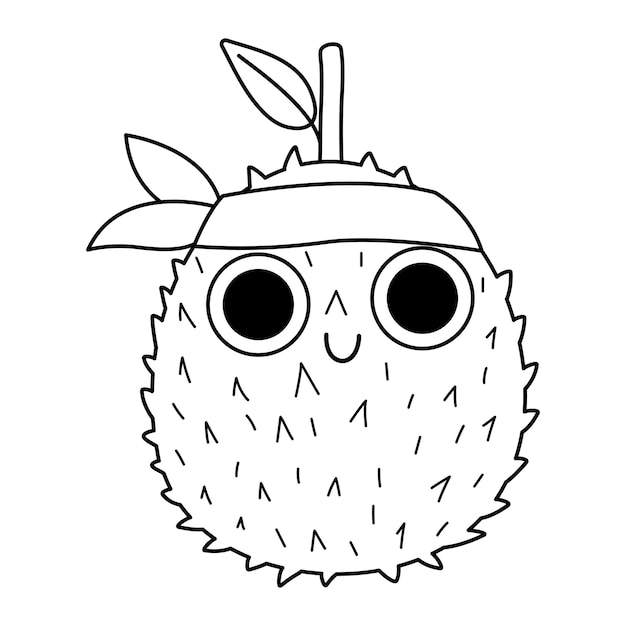 Vettore in bianco e nero divertente kawaii durian linea icona o pagina da colorare illustrazione di frutta pirata pianta comica con fascia per la testa degli occhi e bocca isolata su sfondo bianco