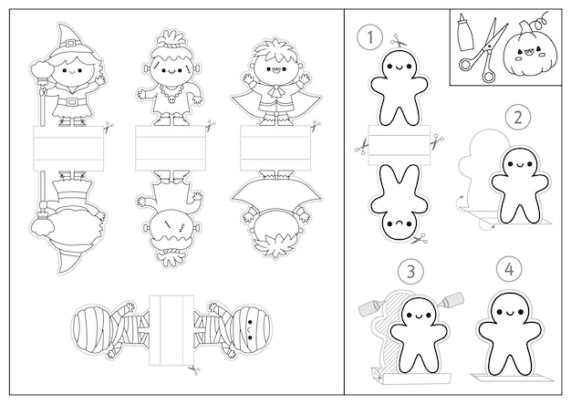 ベクトル黒と白のハロウィーンの紙人形セットかわいい指人形または魔女吸血鬼モンスターとチップ秋または秋の休日のカット クラフト カードシンプルな印刷可能なゲームまたはぬりえページ