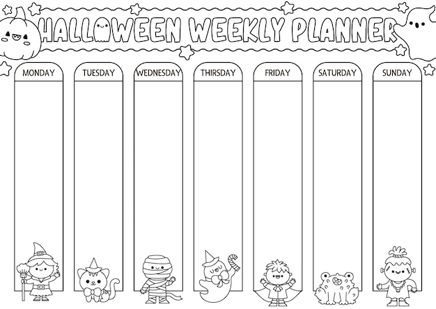 Vector vector black and white halloween weekly planner with traditional holiday symbols cute autumn all saints day calendar or timetable for kids scary trick or treat coloring poster with kawaii witch